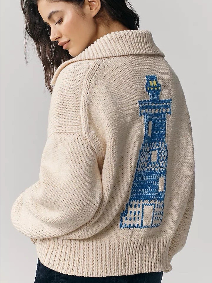 Maeve Lighthouse Graphic Cream Knit Button-Front Nautical Coastal Cardigan Xl